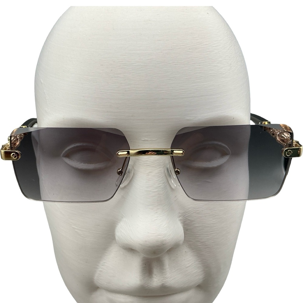 Dung Hien Black Gold Panther Rimless Rectangle Sunglasses Black Gradient Lens